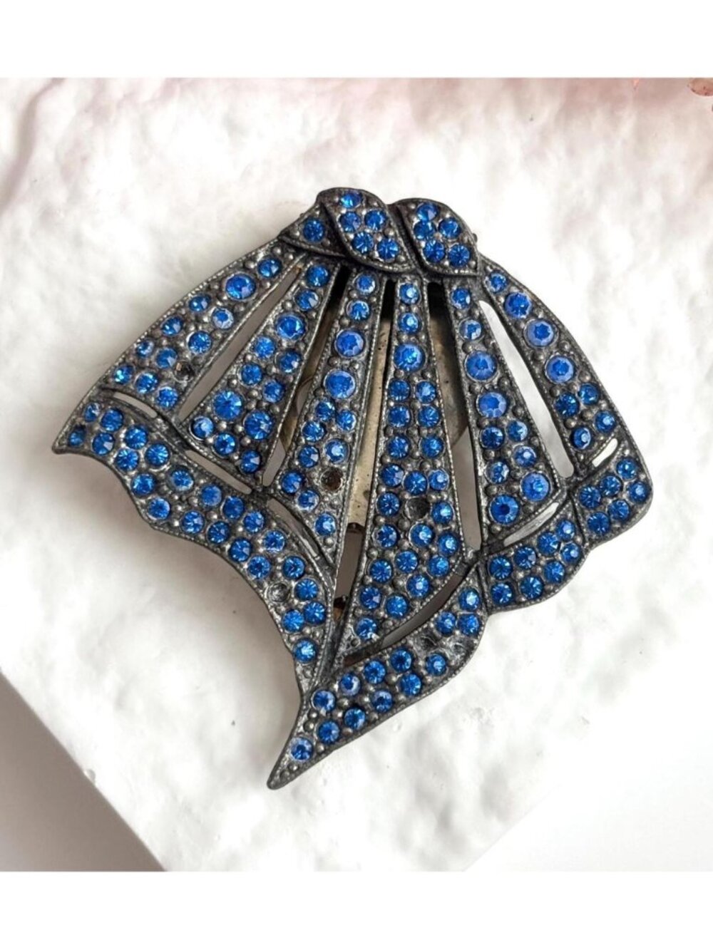 Fan Shaped Art Deco Blue Rhinestone Antique Jumbo Vintage Dress Clip | Fur Clip